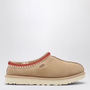 UGG Beige Suede Slippers with Red Accent